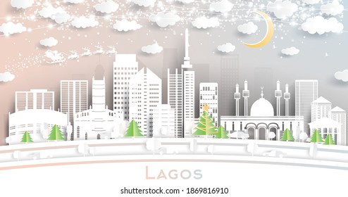 Lagos Nigeria City Skyline in Paper Cut Style with Snowflakes, Moon and Neon Garland. Vector Illustration. Christmas and New Year Concept. Santa Claus on Sleigh.