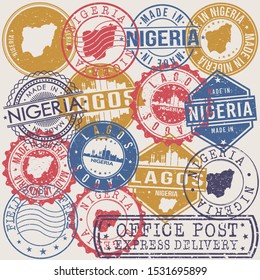 Lagos Nigeria Set of Stamps. Travel Stamp. Made In Product. Design Seals Old Style Insignia.