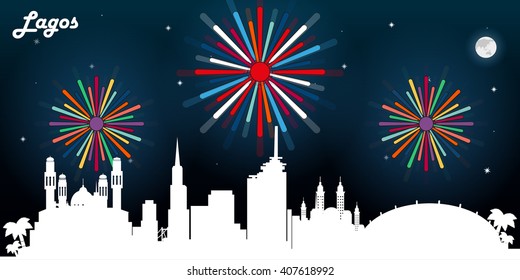 Lagos Nigeria Skyline Silhouette, Dark Night Sky With Fireworks Vector Design