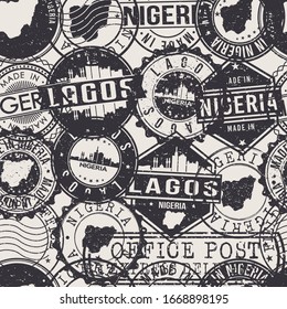 Lagos, Nigeria Stamps Background. A City Stamp Vector Art. Set Of Postal Passport Travel. Design Set Pattern.