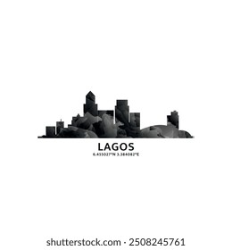 Lagos panorama, vector badge, skyline logo and icon. Nigeria city horizon logotype with landmarks and building silhouettes. Isolated foggy abstract gradient graphic