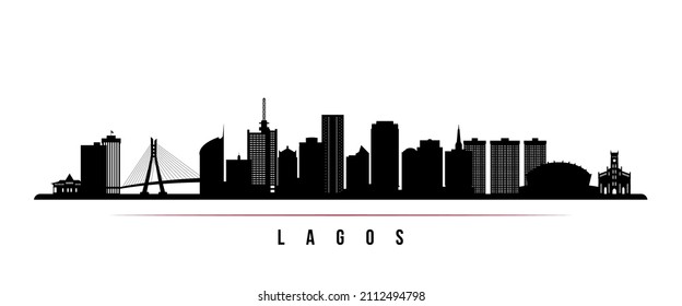 Lagos skyline horizontal banner. Black and white silhouette of Lagos, Nigeria. Vector template for your design. 