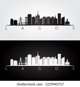 Lagos skyline and landmarks silhouette, black and white design, vector illustration.