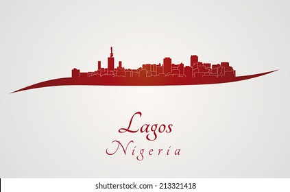 Lagos skyline in red and gray background in editable vector file