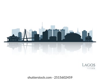 Silueta del horizonte de Lagos con reflejo. Paisaje Lagos, Nigeria. Ilustración vectorial.