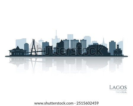 Lagos skyline silhouette with reflection. Landscape Lagos, Nigeria. Vector illustration.