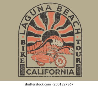 Laguna beach, California. Motorcycle beach ride. Big wave artwork. Summer vibes artwork. Surf club design. Sunshine Surf club artwork. 