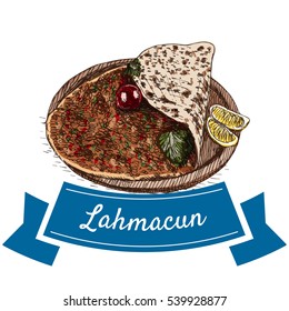 Lahmacun colorful illustration. Vector illustration of turkish cuisine.