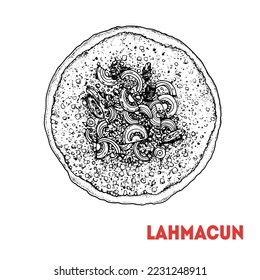 Lahmacun sketch, Turkish food. Hand drawn vector illustration. Turkish street food. Sketch style. Top view. Vintage vector illustration.