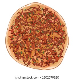 Lahmacun turkish delicious pizza with minced beef or lamb meat, paprika, tomatoes, cumin spice, parsley  vector