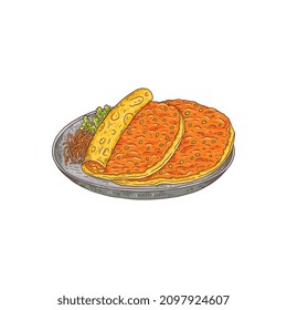 Lahmacun or Turkish pizza traditional dish hand drawn color vector illustration isolated on white background. Turkish cuisine Lahmacun wraps or slapjacks.