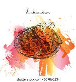 Lahmacun watercolor effect illustration. Vector illustration of Turkish cuisine.