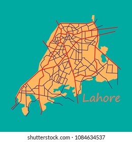 LAHORE city map color flat panoramic illustration