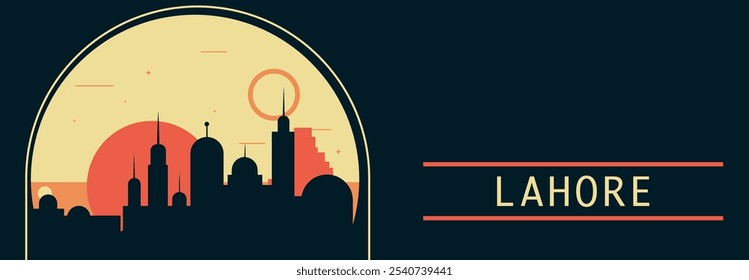 Lahore city retro style vector banner with skyline, cityscape. Pakistan vintage horizontal illustration. Travel long layout for web, presentation, header, footer, infographics