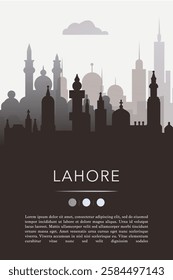 Lahore city template for website, presentation, front page, invitation, publication sheet with skyline, landmarks. Vector Pakistan image layout, simple and grayscale