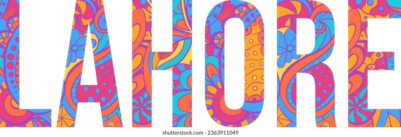 Lahore city vector text filled with colorful doodle pattern