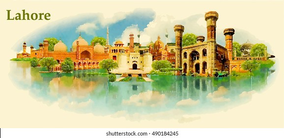 LAHORE city water color vector panoramic illustration