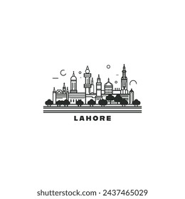 Lahore paisaje urbano horizonte ciudad panorama vector plano moderno logotipo icono. Idea del emblema de la megalópolis de Pakistán, Punjab con monumentos y siluetas de construcción. Gráfico aislado	