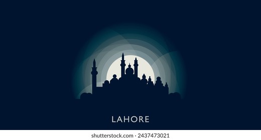 Lahore cityscape skyline city panorama vector flat modern banner illustration. Pakistan, Punjab megapolis emblem idea with landmarks and building silhouettes at sunrise sunset night	