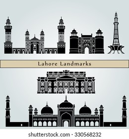 Puntos de referencia y monumentos de Lahore aislados en fondo azul en archivo vectorial editable