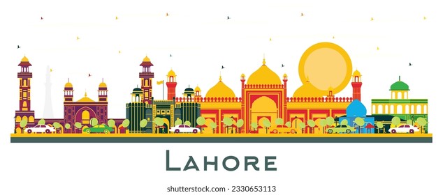 Lahore Pakistan City Skyline with Color Landmarks Isolated on White. Vector Illustration. Business Travel and Tourism Concept with Historic Buildings. Lahore Cityscape with Landmarks.