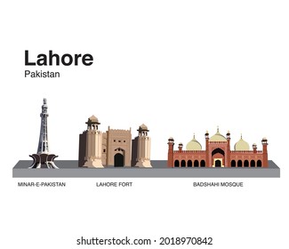 Lahore Pakistan historic sites of muslim architecture including minar-e-pakistan, lahore fort, badshahi mosque. Lahore city scape or skyline, old lahore, Mughal empire and Muslim architecture