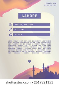 Lahore, Pakistan vector infographics, brochure layout. Guide, leaflet, flyer, advertising graphic template with text, information, city skyline shape. Page, festival, cover mock up image