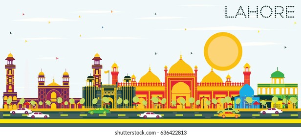 Lahore Skyline with Color Landmarks and Blue Sky. Vector Illustration. Business Travel and Tourism Concept with Historic Buildings. Image for Presentation Banner Placard and Web.