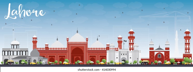 Lahore Skyline with Gray, Red Landmarks and Blue Sky. Vector Illustration. Business Travel and Tourism Concept with Historic Buildings. Image for Presentation Banner Placard and Web.