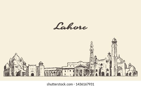 Lahore skyline, Punjab, Pakistan, hand drawn vector illustration, sketch