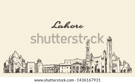 Lahore skyline, Punjab, Pakistan, hand drawn vector illustration, sketch