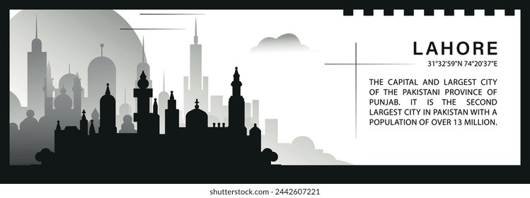 Lahore  skyline vector banner, black and white minimalistic cityscape silhouette. Pakistan city horizontal graphic, travel infographic, monochrome layout for website