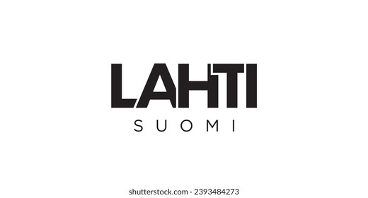 Lahti in the Finland emblem for print and web. Design features geometric style, vector illustration with bold typography in modern font. Graphic slogan lettering isolated on white background.