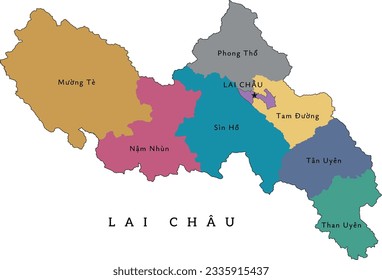 Lai Chau (Lai Châu) province of Vietnam administrative divisions map. Clored. Vectored. Cream colors