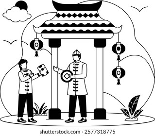 lai see for special occasion vector design, Chinese New Years Beginnings scene, Zodiac Wood Snake 2025 banner, China Spring Festival illustration, Son father Exchanging Coin and Red Envelope concept