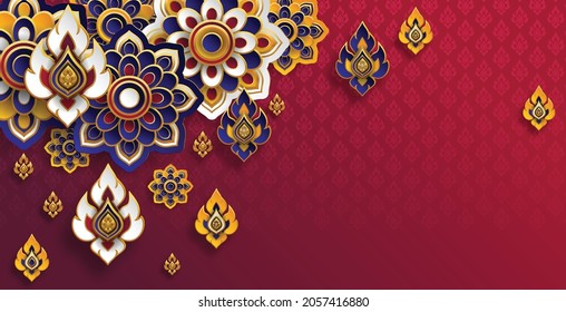 Lai Thai, The Arts of Thailand, with paper cut art and craft style on color background.