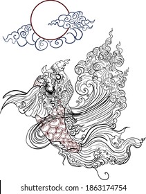 Lai Thai or Line Thai carp fish isolate background. Traditional Thai fish tattoo.Hand drawn and outline tattoo.