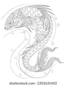 Lai Thai or Line Thai carp fish isolate background. Traditional Thai fish tattoo