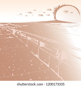 LAI THAI style brown background on the bridge, see sunset with sea and mountains Vector