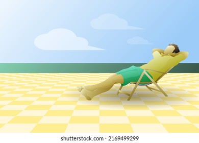 A laid back man sleeping on a deck chair at a beach for the concept of summer holiday. Vector illustration.