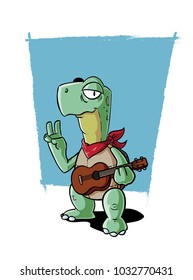 A laid back turtle playing a ukulele.