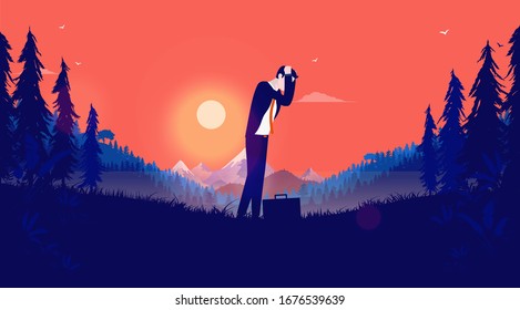 Laid off - Unemployed man feeling unhappy and worried alone in forest with red sky. Just lost his job. Business layoff, loosing job and economy problems concept. Vector illustration.