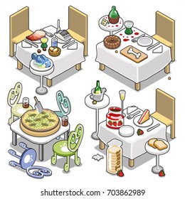 Laid restaurant tables with chairs, including different meals such as fish, strawberry sandwich, mushroom pizza (isometric vector collection)