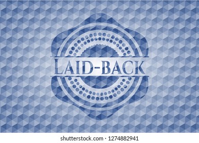 Laid-back blue emblem with geometric background.