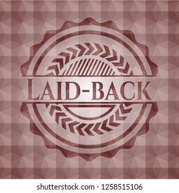 Laid-back red emblem or badge with abstract geometric pattern background. Seamless.