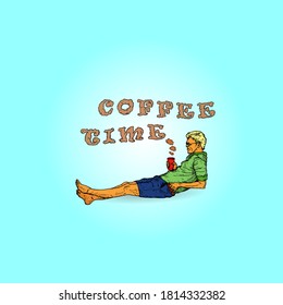 A laid-back relaxed man enjoying a cup of hot coffee for the concept of coffee time. Vector illustration.