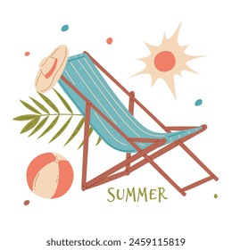 A laid-back summer vibe radiates from this vector illustration, featuring a beach chair, sun hat, and ball on a bright day.