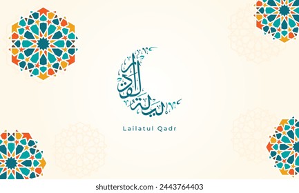 Lailatul Qadr Islamic greeting card with Arabic calligraphy and geometric vector illustration - Translation of text: better than a thousand months of worshipping