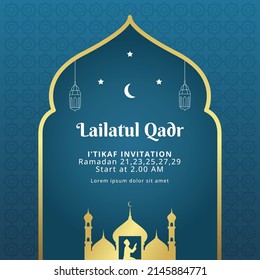 Lailatul Qadr Ramadan Greeting Card with Mosque, Lantern, and Arabic Pattern Vector Illustration.