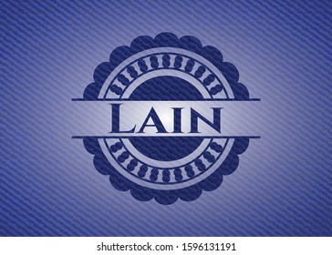 Lain emblem with denim high quality background. Vector Illustration. Detailed.